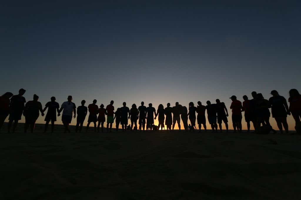 A large group holding hands as silhouettes during sunset, symbolizing unity and friendship.